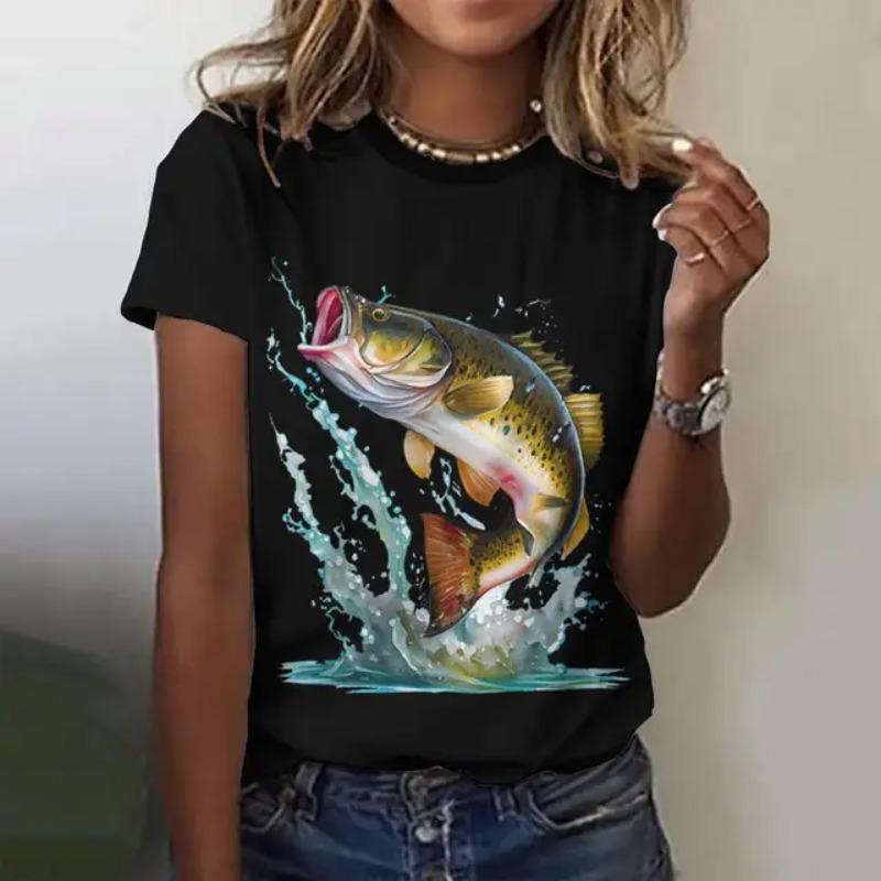 Women's Summer Fashion Casual Loose Plus Size Pattern Fish Print Round Neck Short Sleeved 3D T-shirt Top 6XL