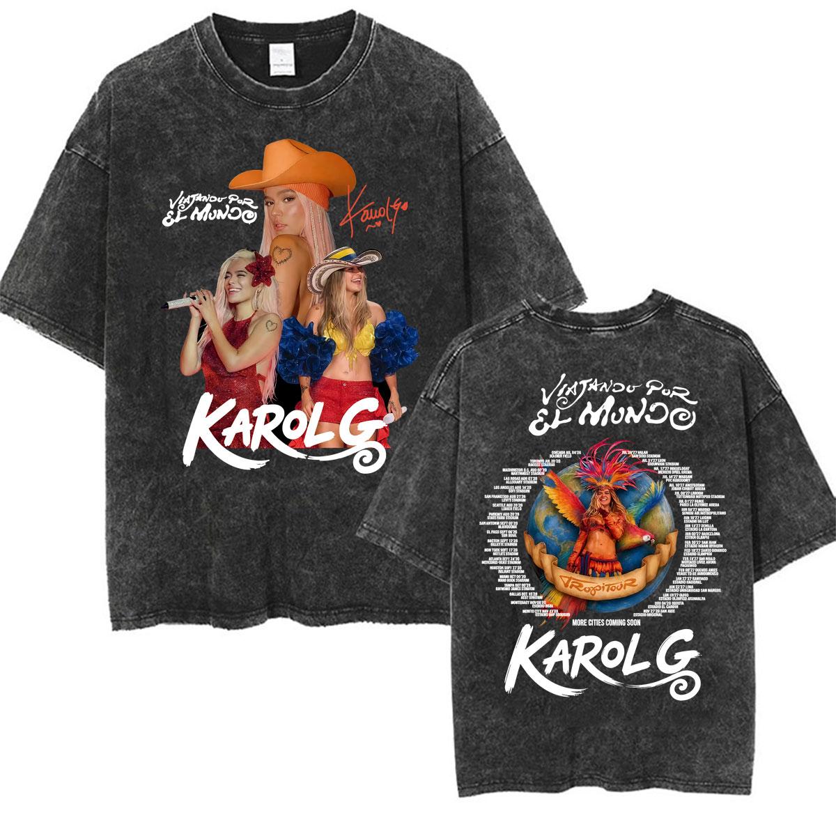 Karol G Tropicoqueta Tour Album Vintage Washed T Shirt Men Women Clothing Fashion Aesthetic T-shirts Casual O-Neck Loose T-shirt S разноцветный