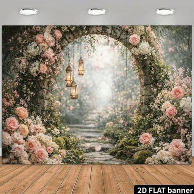2D verträumter floraler Bogen Hintergrund Rosa Rose & Hängende Laterne Verzauberter Garten Foto Hintergrund