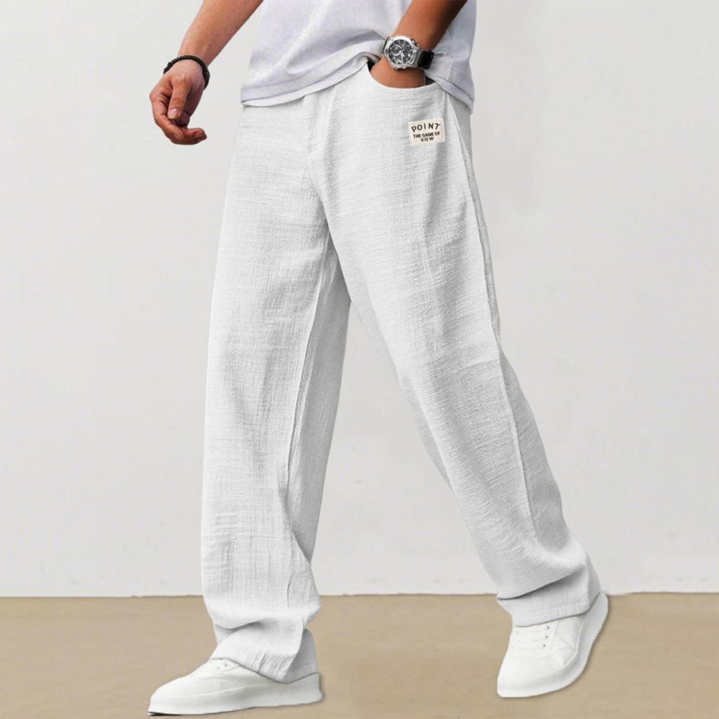 Men's Casual Loose Fit Linen Trousers Lightweight Breathable Straight Leg Pants Elastic Waist Drawstring Design