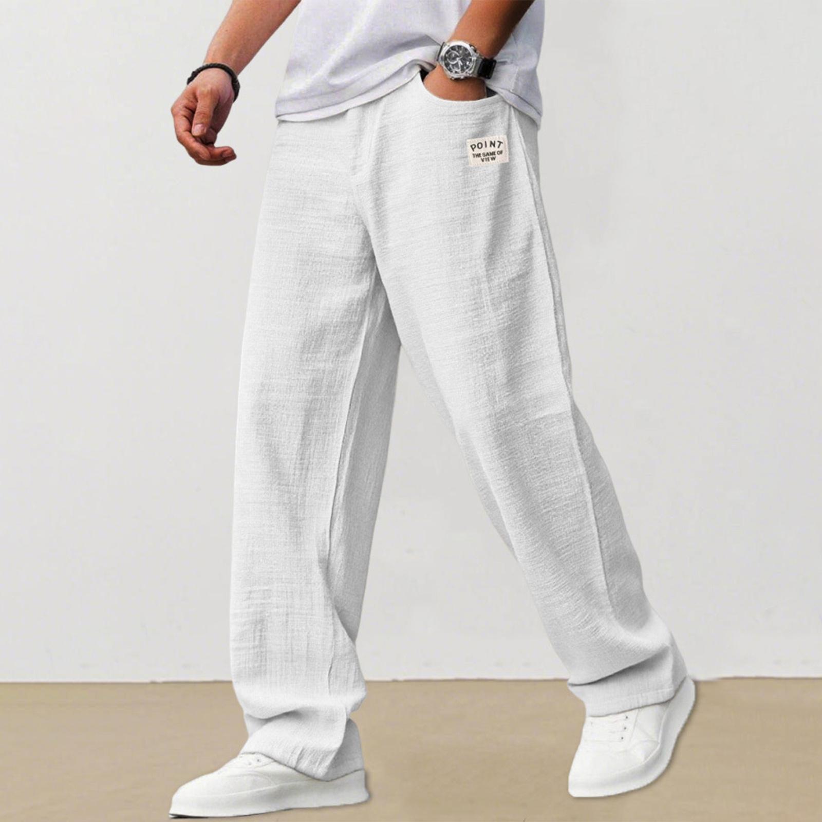 Xingben Seven Heren Casual Losse Linnen Broek Lichtgewicht Ademend Rechte Pijp Elastische Taille Trekkoord Ontwerp XL wit
