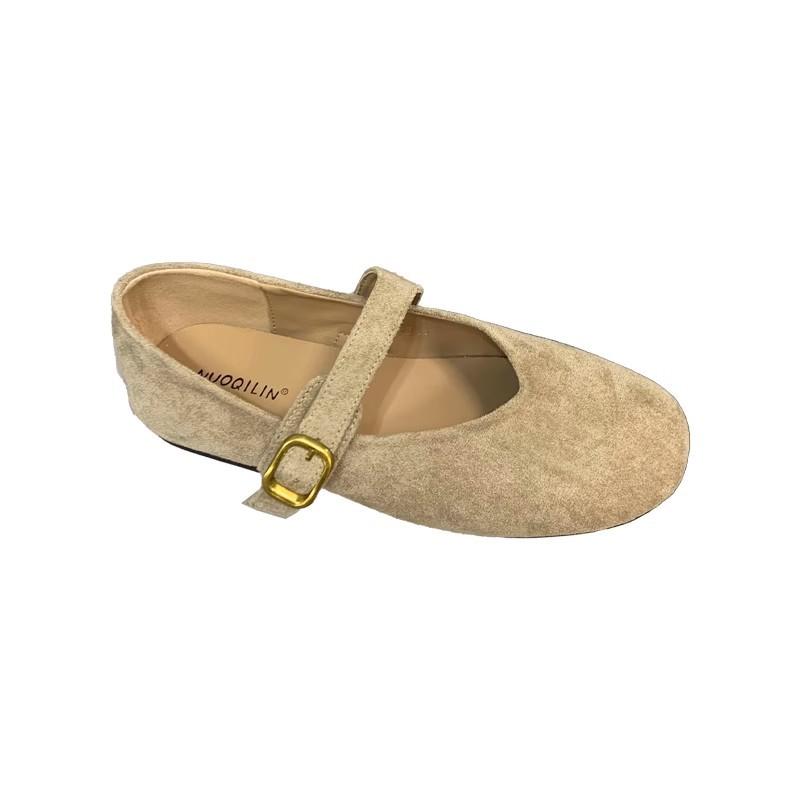 2025 autumn new suede one-word with shallow mouth single shoes fairy fairy style flat-bottomed versatile Mary Jane shoes grandma shoes