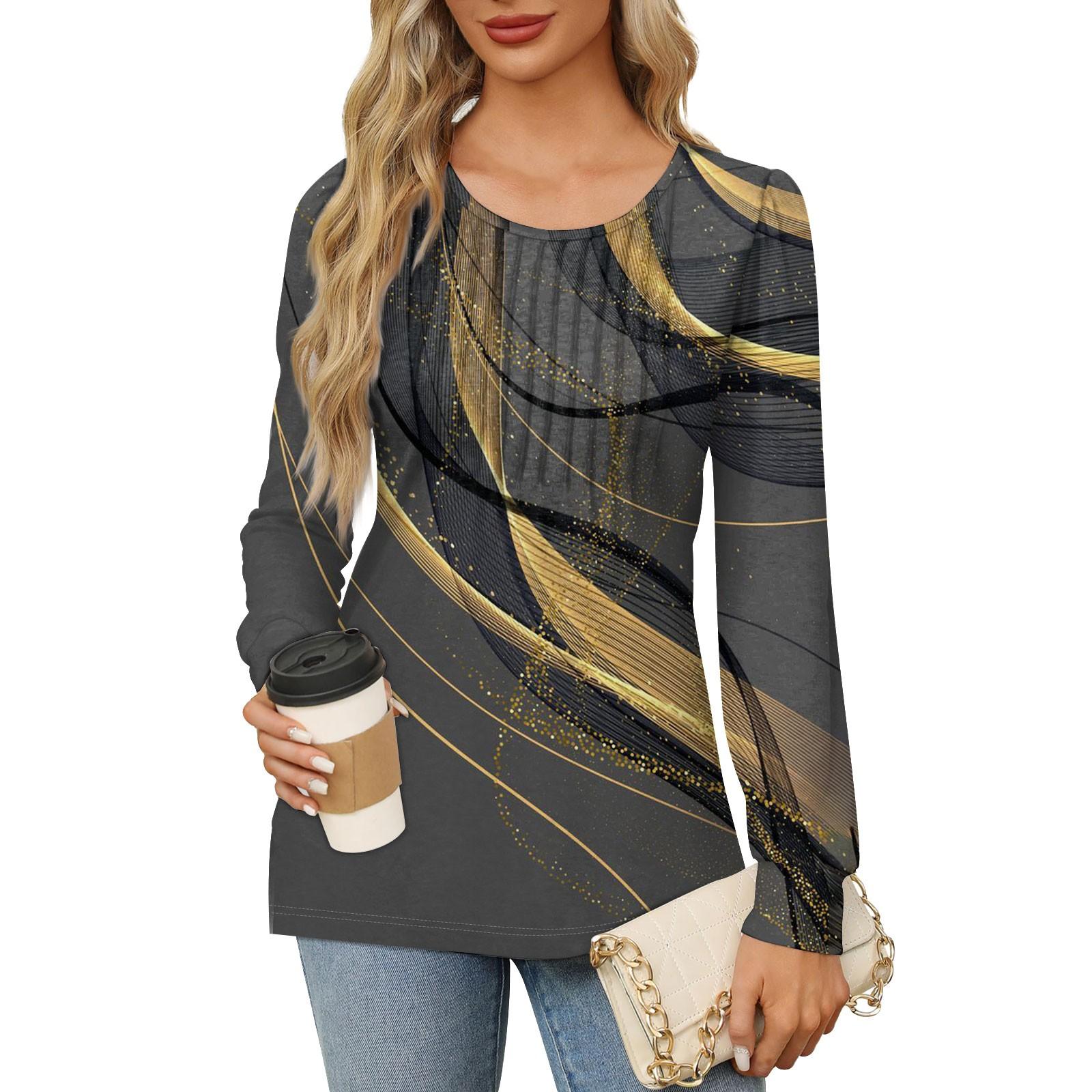 

Женская повседневная плиссированная футболка с круглым вырезом и длинными рукавами с принтом XL серый