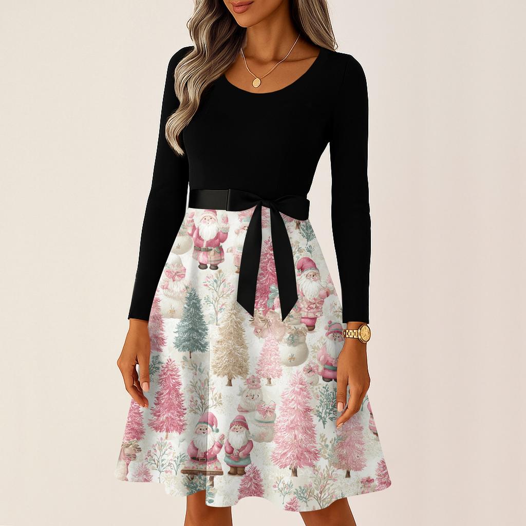 Women's Casual Fashion Round Neck Long Sleeve Christmas Printed Party Vintage Long Dresses