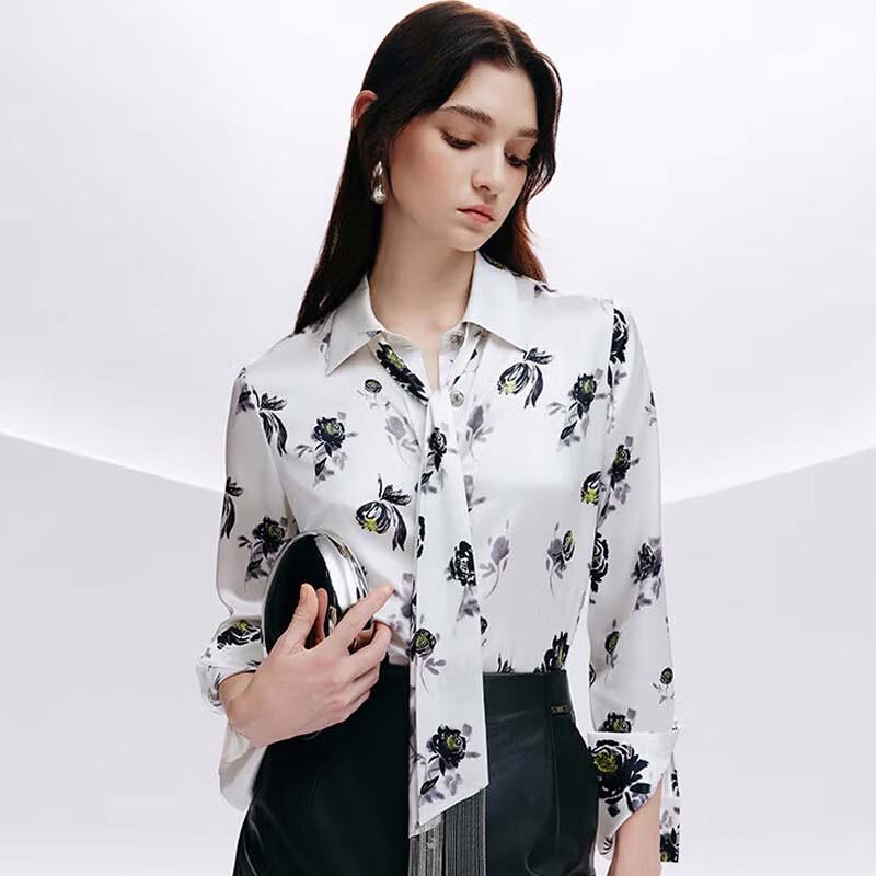 JESSIE Women s Floral Print Ribbon Collar Silk Blouse S