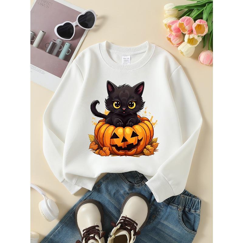 Girls' Halloween Long-Sleeve Sweatshirt, Round-Neck Fun Print Casual Top, Kids' Autumn Clothing, Suitable for Trick-Or-Treat Parties And Halloween