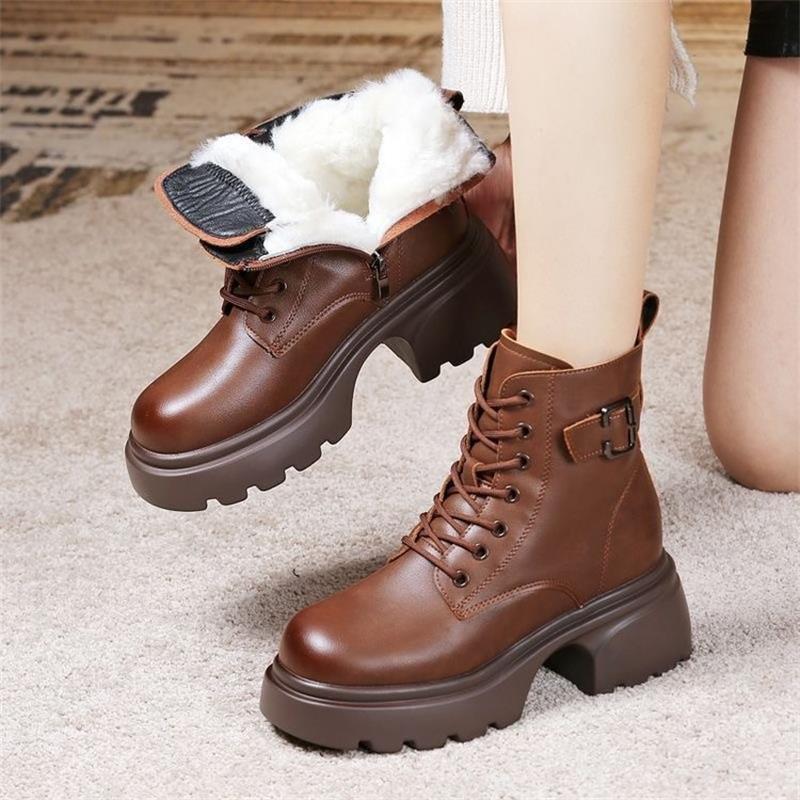 Soft Leather Platform Martin Boots Women's 2025 Winter British Wind Cotton Boots Thick Heel Short Boots Cotton Shoes Piled Thickened Snow Boots