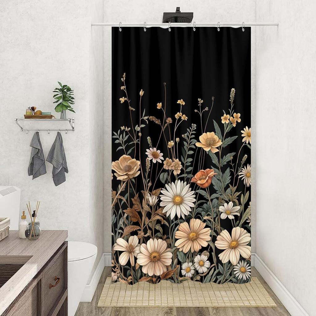 Vintage Boho Floral Shower Curtain, Cute Retro Bohemian Flower Botanical Aesthetic Decorative Shower Curtain Set with Hooks