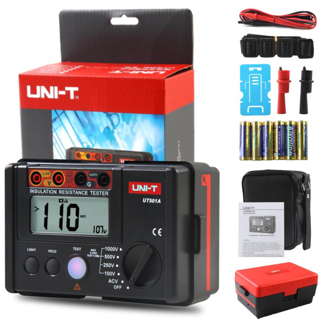 UNI-T Insulation Resistance Meter, Digital Megger, Insulation Tester with LCD Backlight, 100V/250V/500V/1000V, UT501A