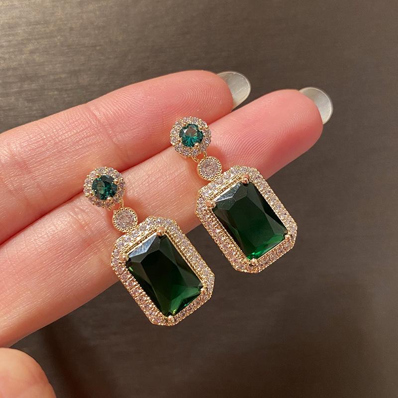3D Square Green Rhinestones Dangle Earrings for Women Wedding Party Elegant Jewelry Geometry Round Crystal Drop Earrings Gift