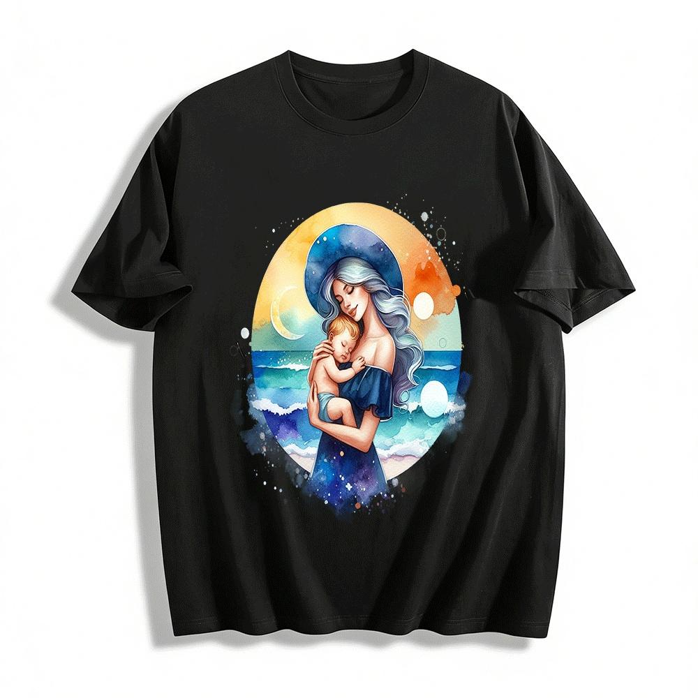 Moonlit Sea Mother And Child Embrace Print Casual Top Pure cotton T-shirt XXS