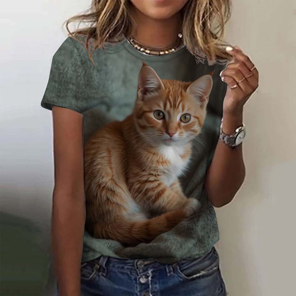 3D Print T Shirt Summer Street Cat Cartoon Tees Fashionable Tee Minimalist Pattern Women's T Shirt Round Neck Short Sleeved Top