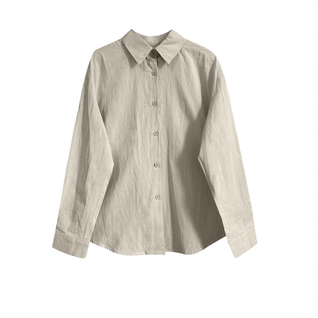 Vintage Solid Color Simple Versatile Loose Long Sleeve Shirt for Spring Autumn, Casual Loose Blouse for Women European American Crossbody Style