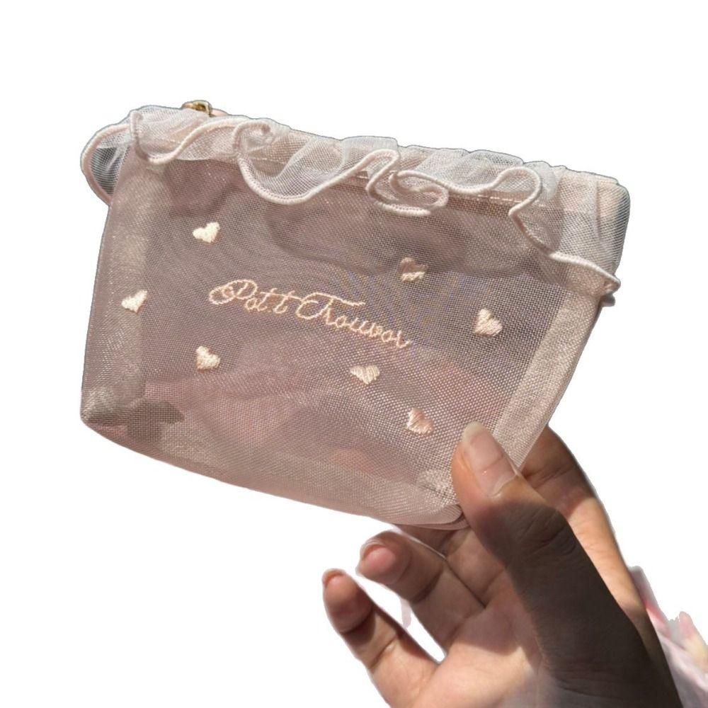 New Pink Series Mesh Bag Embroidered Large Capacity Cosmetics Bag Zipper Closure Toiletry Bag Home Travel