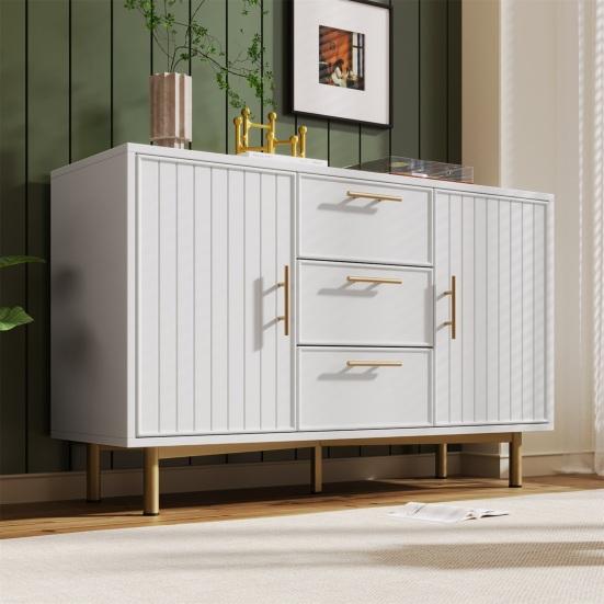 Makeup Desk Dressing Table with 2 Drawers Golden Handle Decorative Ribs Metal Frame Modern White Easy Assembly Bedroom Side Narrow Console Vanity