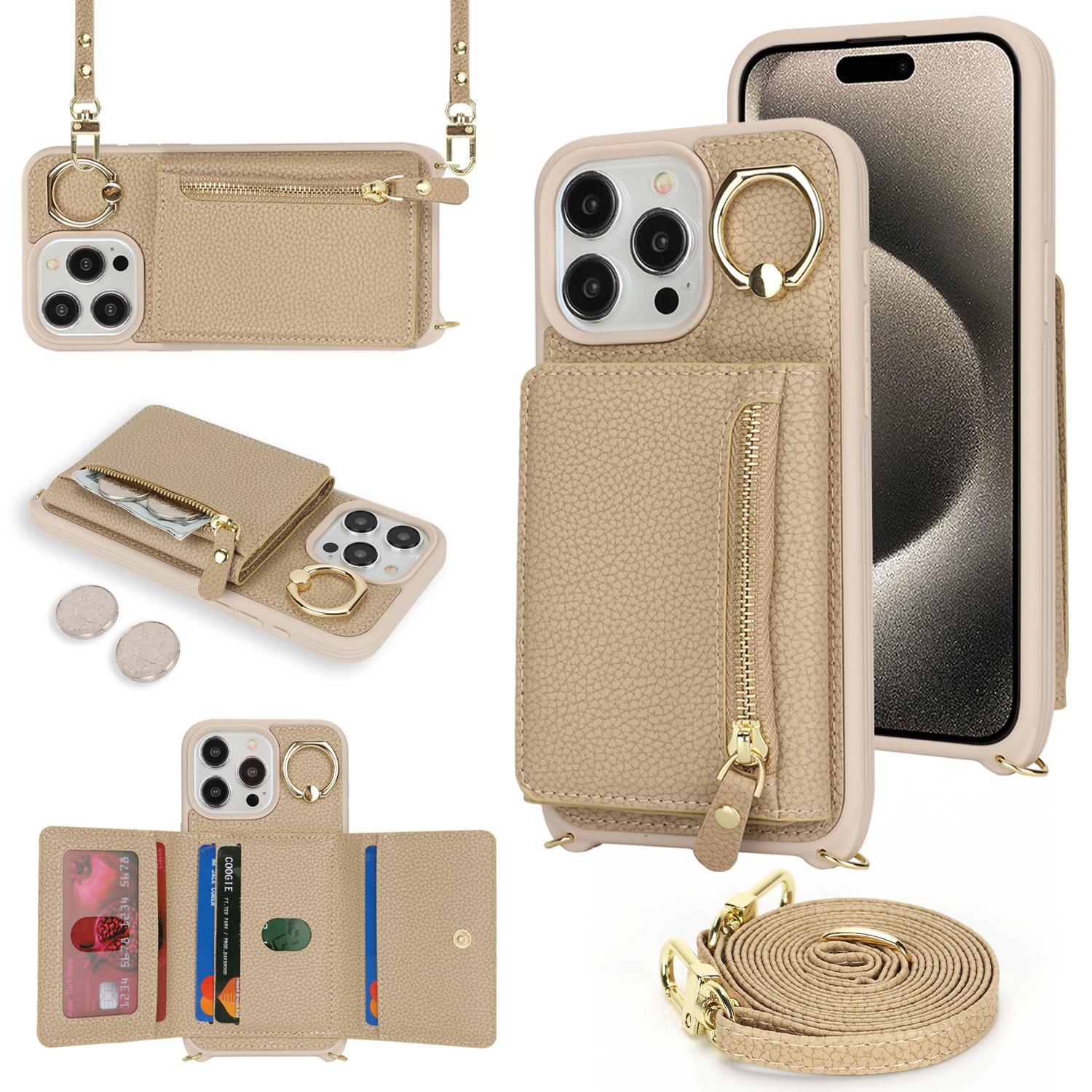 

Чехол для iPhone 14 Pro Max с держателем для карт, кошельком, кожаный+ТПУ, наплечный чехол для телефона с кольцом-подставкой Beige