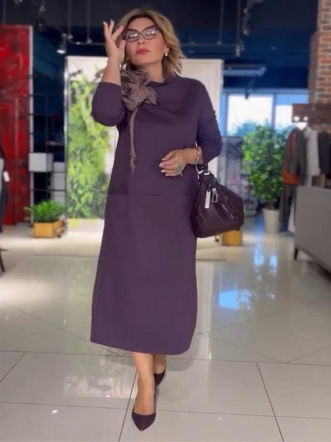 2024 Neues lässiges einfarbiges Langarmkleid mit hohem Kragen und Taschen für Herbst und Winter