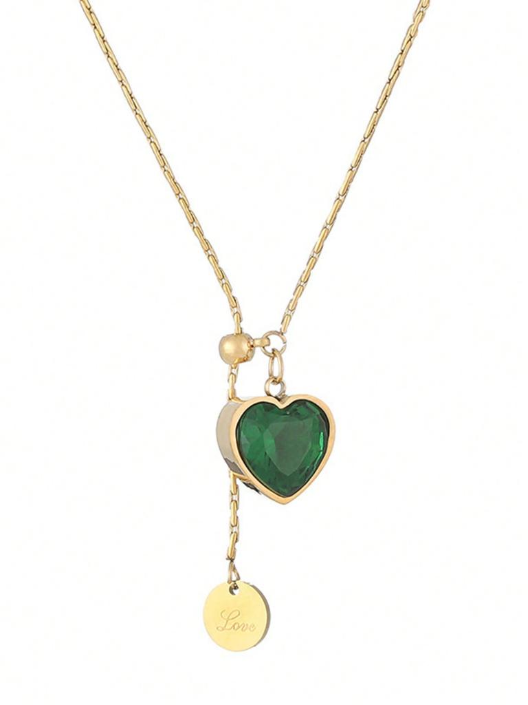 Stainless Steel Emerald Diamond Heart Shape Titanium Steel Adjustable Necklace For Women,  Suitable For Daily Wear And Gifts