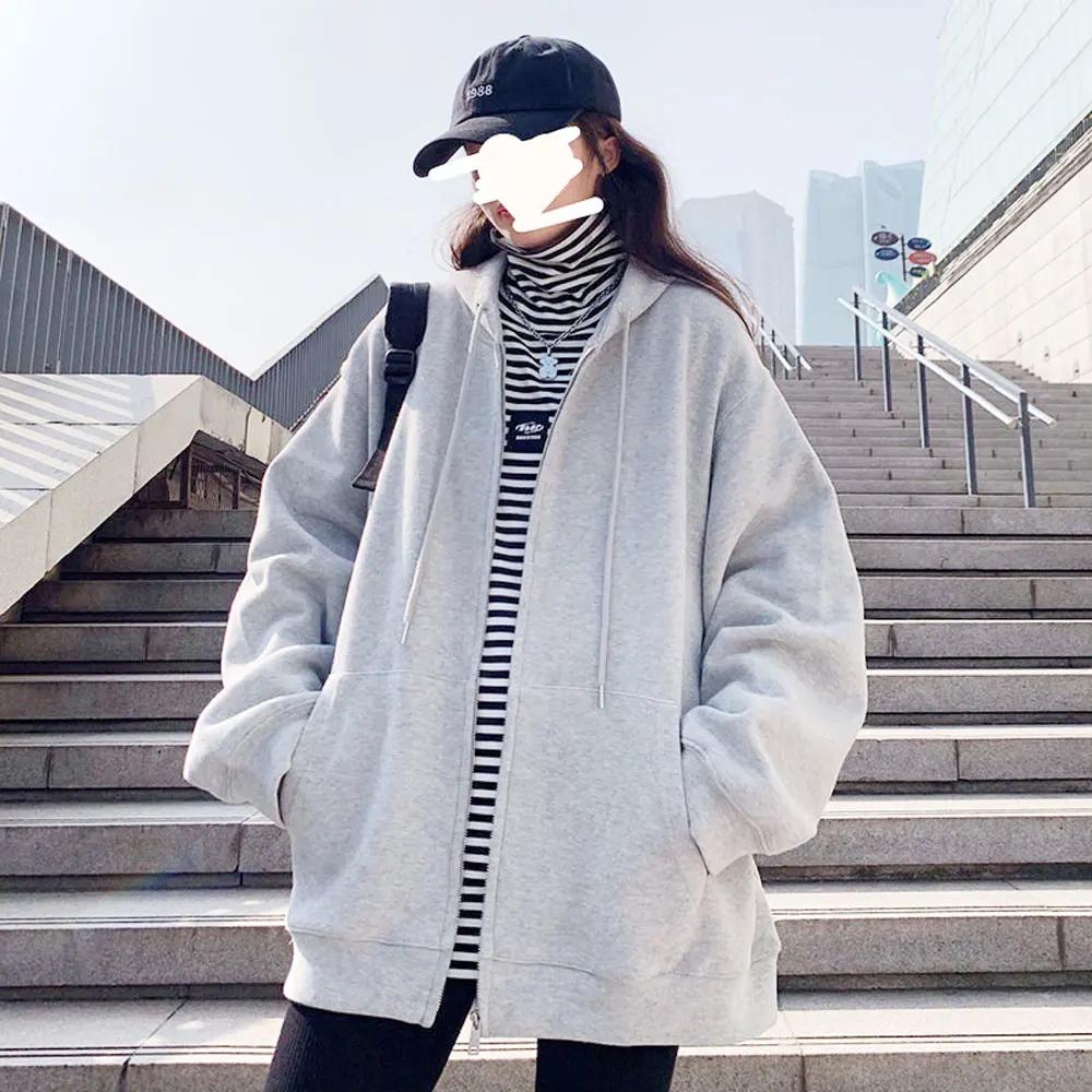 Men's Solid Hoodies Coat Harajuku Basic Long Sleeve Spring Autumn Loose Zip Up Casual Oversized Sweatshirts Jacket with Pocket