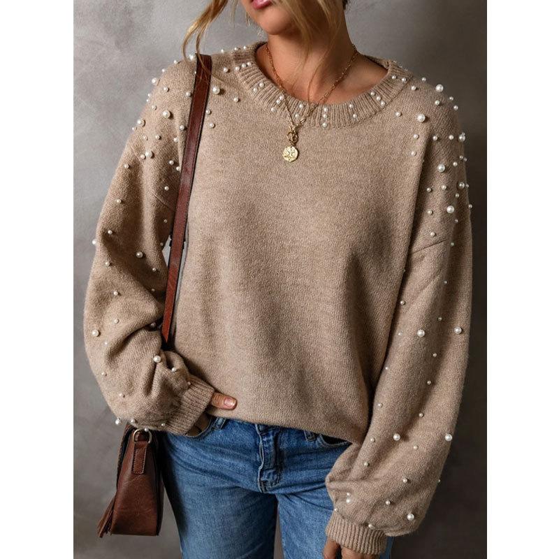 Suéter Oversize de Punto con Cuello Redondo y Manga Larga para Mujer, Top Pulóver de Punto con Perlas
