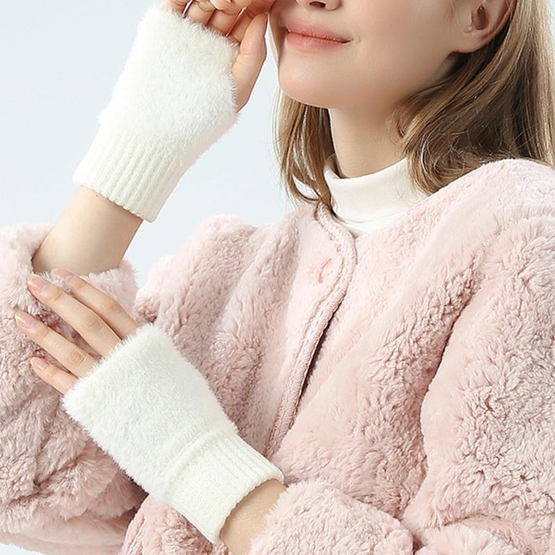 Winter Plush Gloves Stretchy Mittens Adult Knitted Solid Color Half Finger Gloves Knit Gloves for Cold Weather Cycling