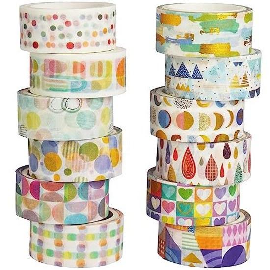 Masking tape 12-piece set cute washi beautiful painting gold foil DIY craft journal planner scrapbook wrapping gift decoration (basic pattern)