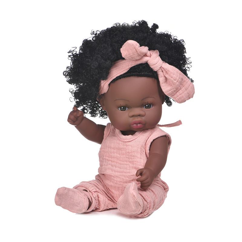 33cm Black Skin Reborn Girl Doll Full Vinyl Body Can Enter Water Simulation Baby Doll African Curly Hair Newborn Doll Children's Bath House Play Toy