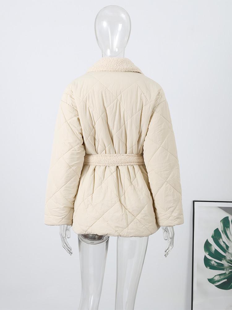 Women's Collar Tied Waistband Jacquard Thick Jacket Top