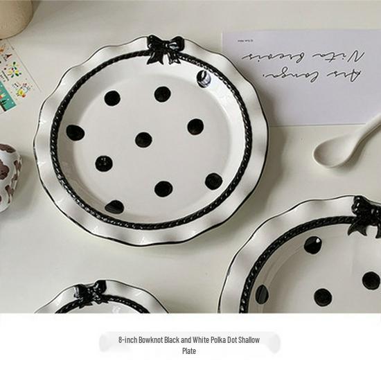 Korean Cute Bow Lace Ceramic Plate & Rice Bowl Set for Desserts and Cakes
