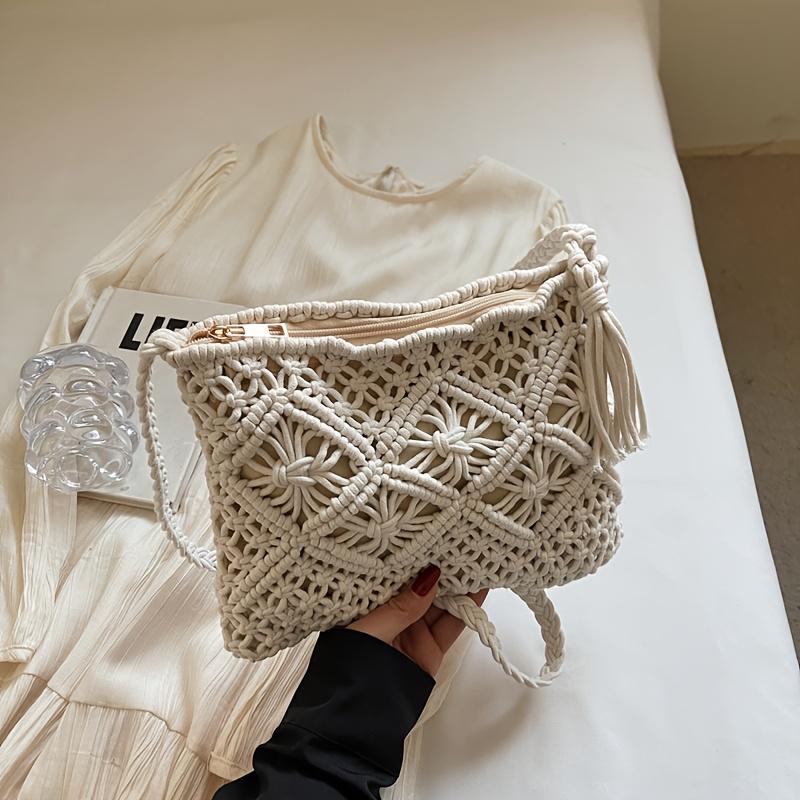 Ladies' Bohemian Style Handmade Woven Shoulder Bag - a Lightweight Summer Beach Clutch with Tassel Details,Crossbody Design
