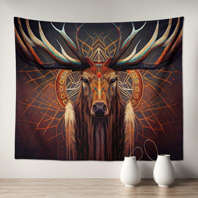 Native American Tribal Elk Head Tapestry 75x100