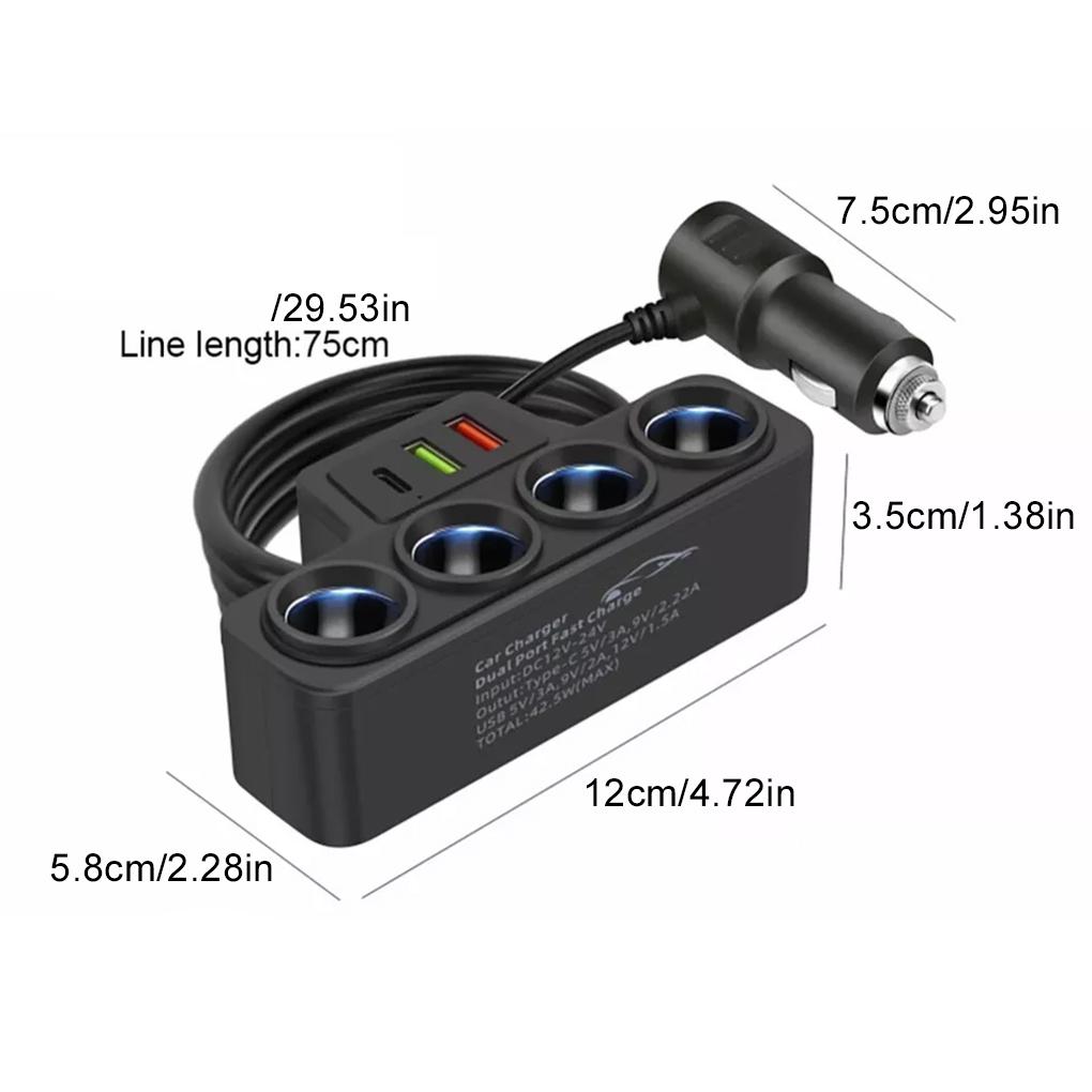Sturdy And Wear-resistant Car Cigarette Lighter With 4 SlotsPDUSBQC0 Cigarette Lighter Splitter