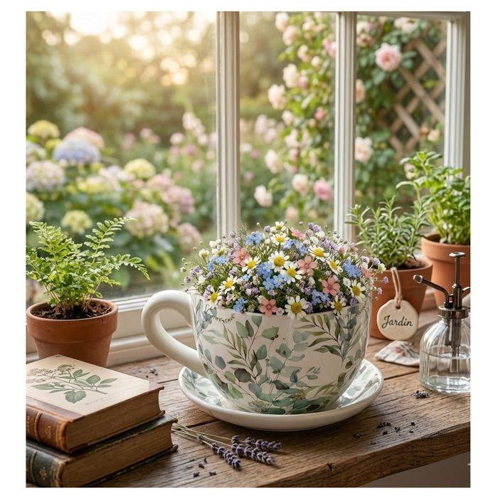 Pot de fleurs - EDEN - En forme de tasse - Décor eucalyptus - Céramique - 15 x 20 cm