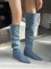 2025 Autumn New Models Are Flat-bottomed Pointed-toed Tall Tube Two-through Knee Denim Blue Thin Knight Women's Pleated Boots