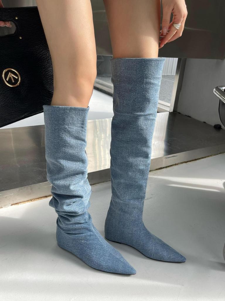 2025 Autumn New Models Are Flat-bottomed Pointed-toed Tall Tube Two-through Knee Denim Blue Thin Knight Women's Pleated Boots