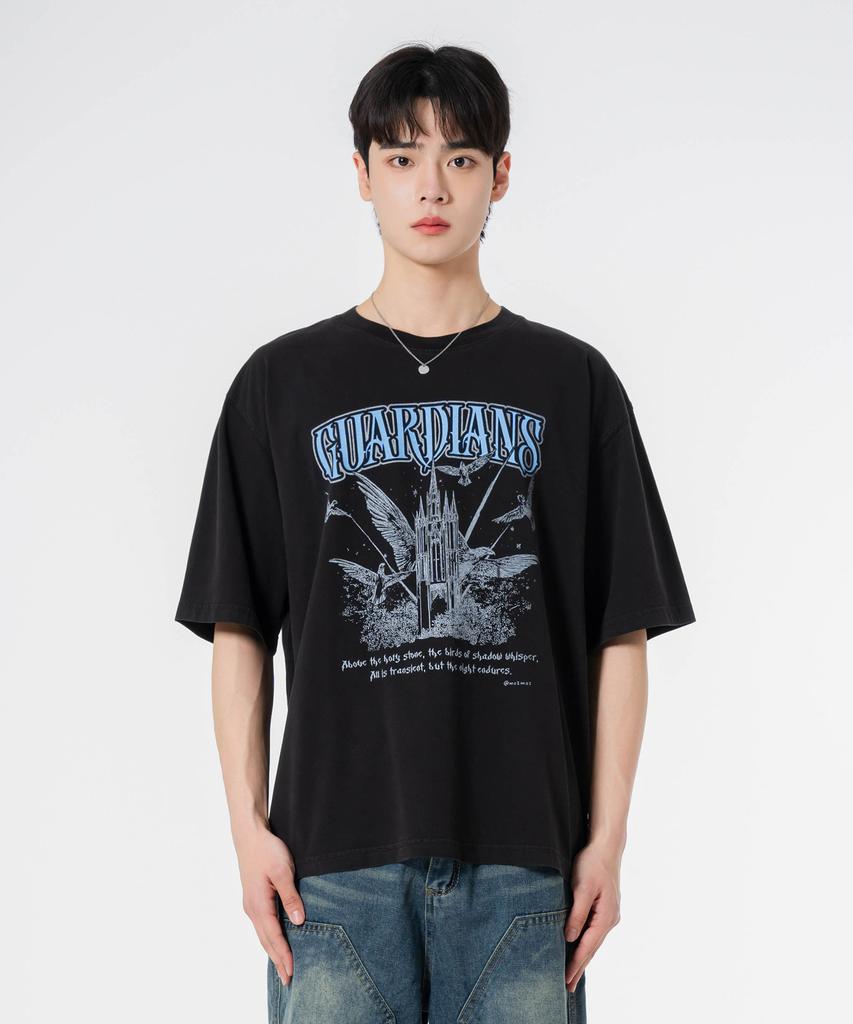 MOZMOZ Guardians Oversized Pigment Short Sleeve T-Shirt Black