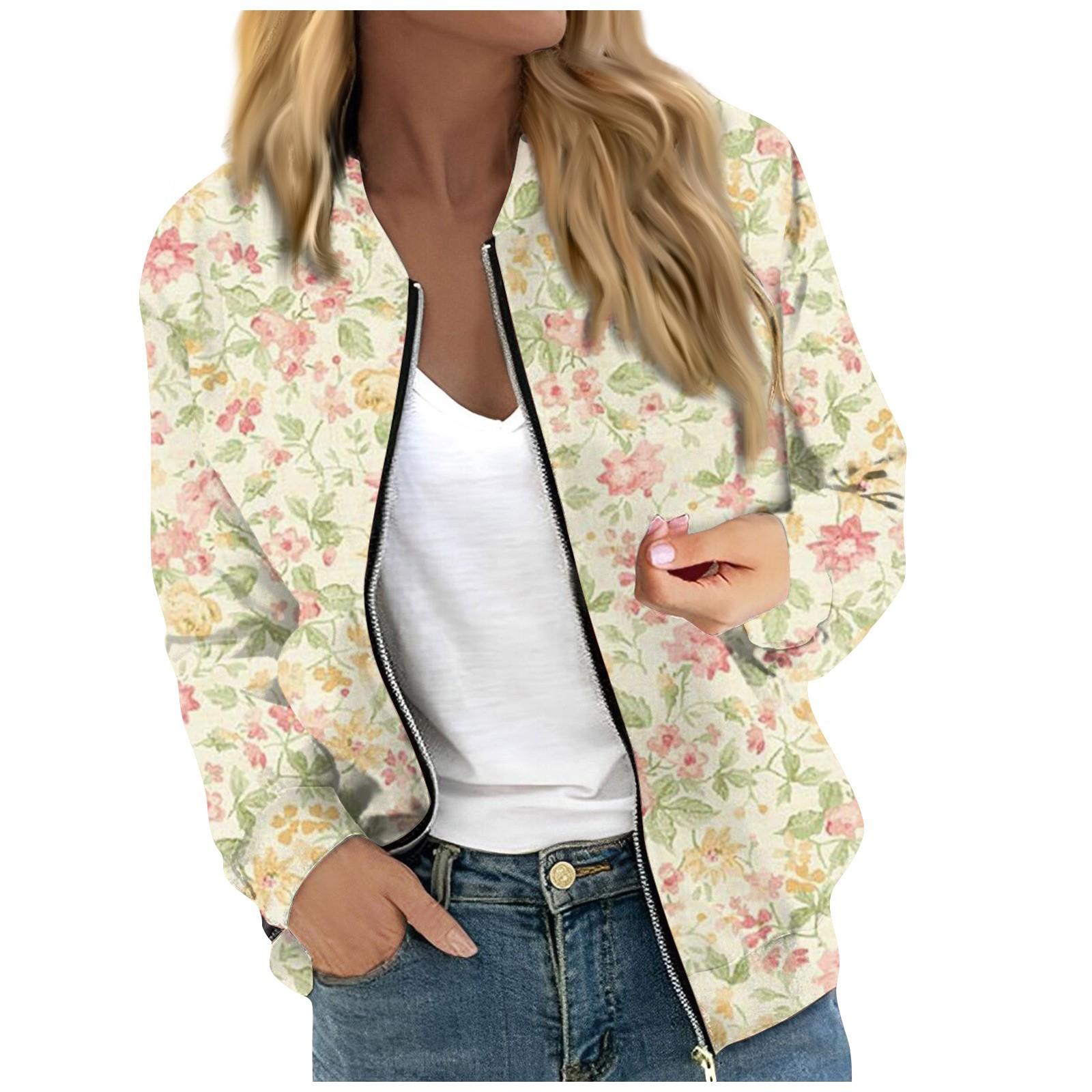 

Женская модная повседневная куртка на молнии с длинным рукавом с цветочным/листовым принтом и круглым вырезом XXL бежевый