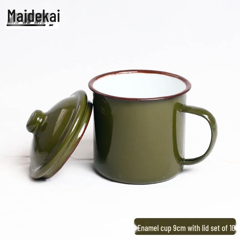 

Vintage Military Green Enamel Mugs with Lid (Pack of 10) Troop Style