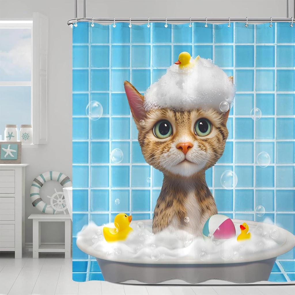 Cat Shower Curtain Funny Shower Curtain Bubble Cat  for Bathroom Cute Shower Curtain Set with 12 Hooks