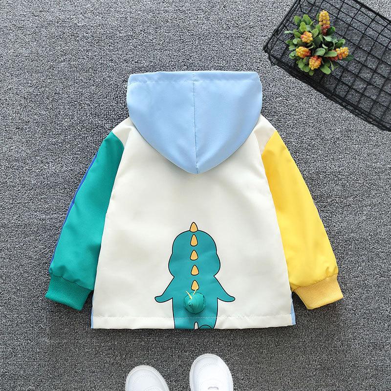 Boys Coats Patchwork Cartoon Dinosaur Pattern Hooded Windbreaker Leisure Overcoat Kids Birthday Present