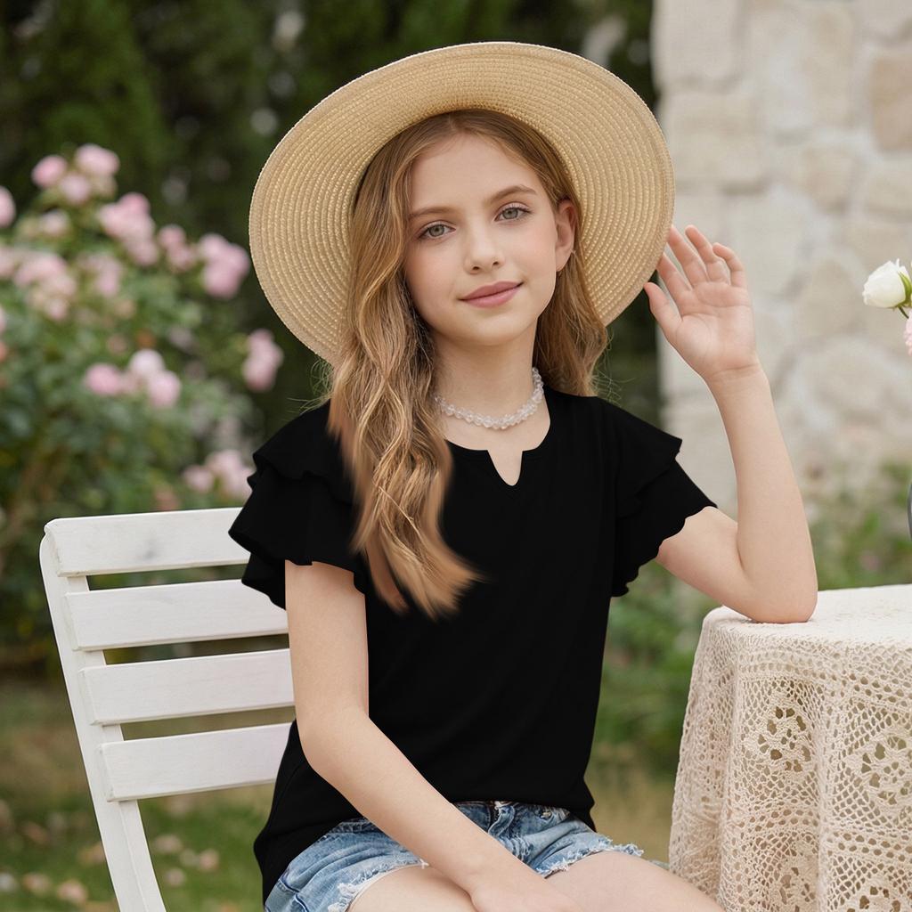 Dziewczęcy T-shirt z dekoltem V i falbanką - Krótki rękaw, letnia bluzka