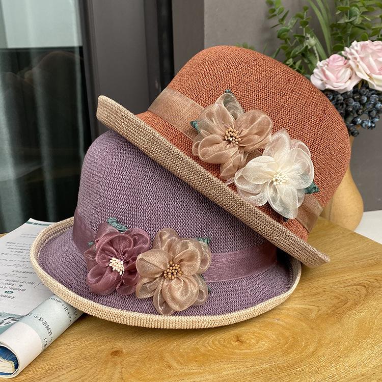 French elegant curled top hat women's summer small edge mother basin hat sunscreen travel visor breathable bucket hat