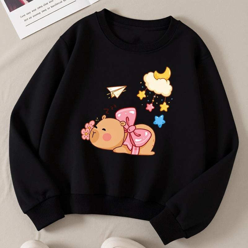 Kids Crewneck Long Sleeve Sweatshirt,Cute Cartoon Bear with Bow, Moon & Cloud Graphic Print 110