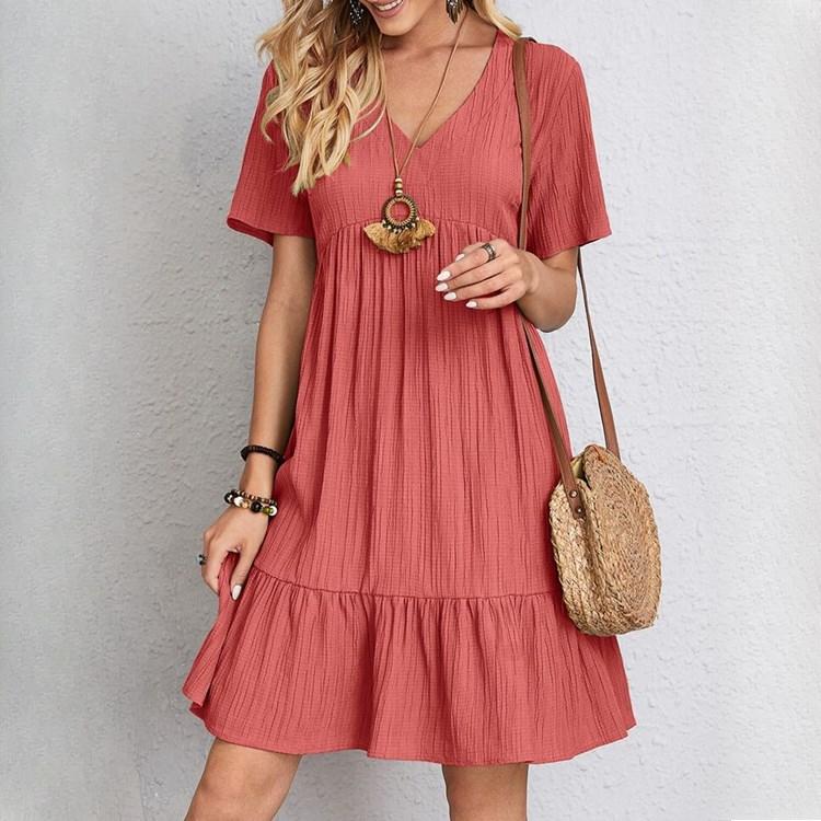 QICED Abiti casual a vita alta con scollo a V a maniche corte con stampa tinta unita primavera estate moda donna