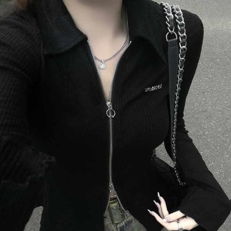 2KWEIRD Woman Tshirts Temperament Tunic Turndown Collar Long Sleeve Tees Fashion Zipper Black Casual Y2k T Shirt