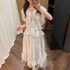 Designer Brand Spring Acetate Ruffle Tie-Up Dress, Celebrity V-Neck Style