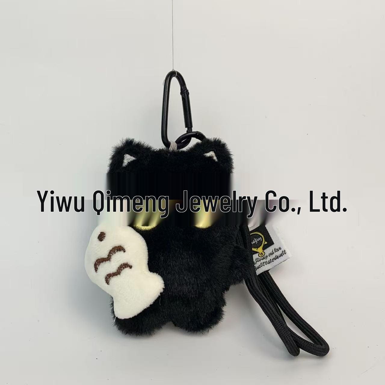 Очаровательный кулон в виде черного кота, плюшевая кукла, брелок Fish-holding Black Cat (With Handle Strap)