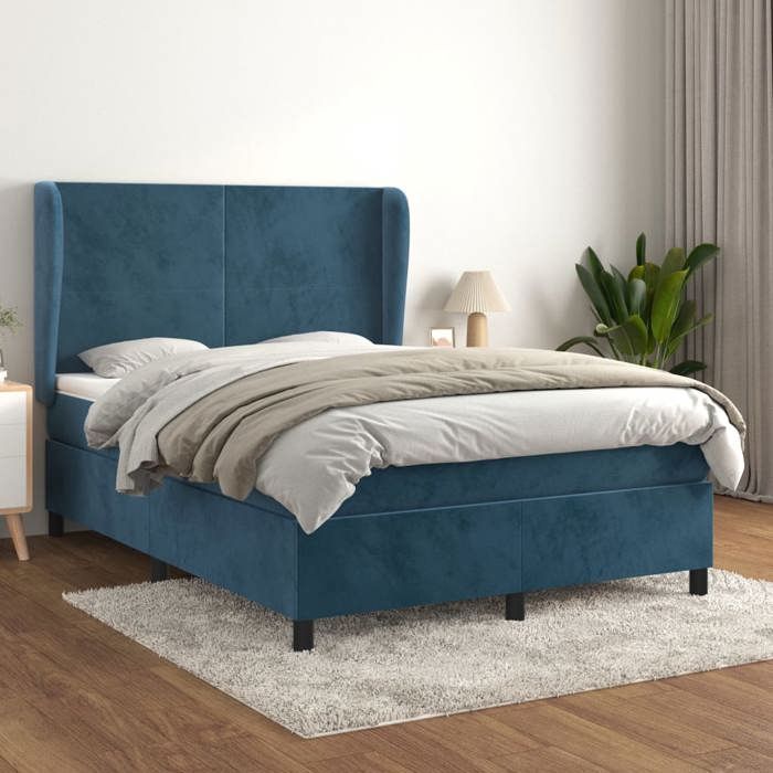3129091 vidaXL Lit à sommier tapissier et matelas Bleu foncé 140x190cm Velours