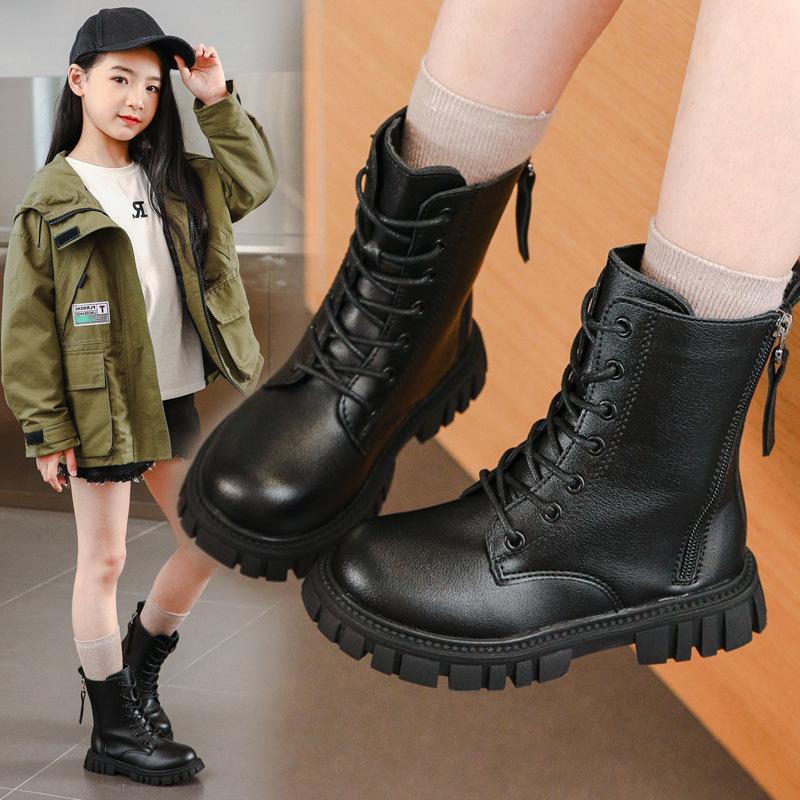Winter 2025 Girls' Ankle Martin Boots with Velvet, Leather Princess Style for Little and Big Kids