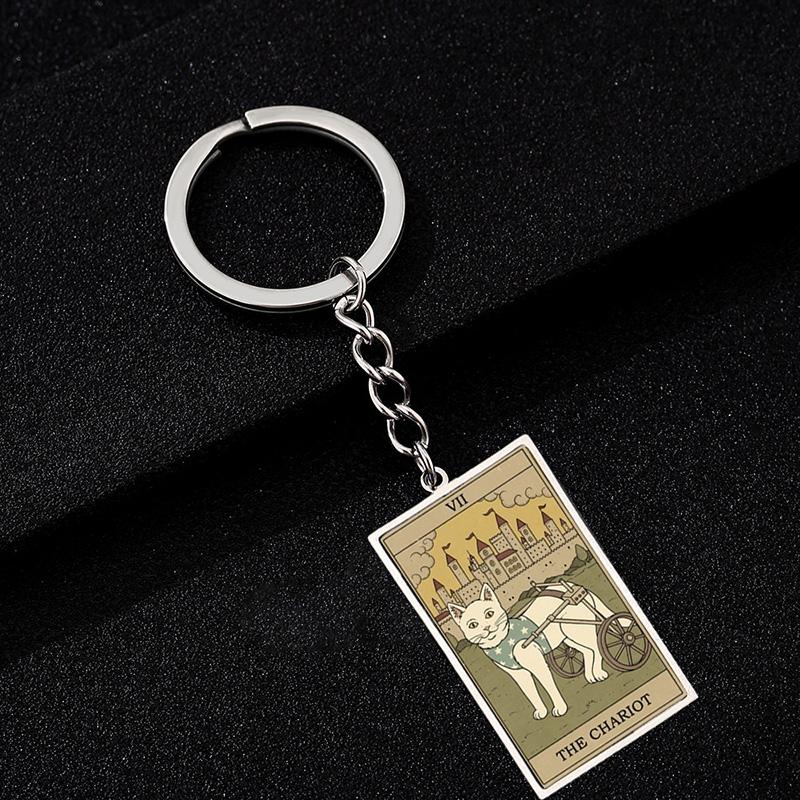 Cute Cat Tarot Card Keychain Vintage Rectangle Epoxy Stainless Steel Pendant Key Chain Animal Divination Jewelry